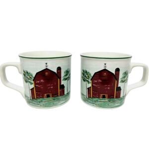 Tienshan Stoneware Coffee Mugs 2 Farm House Prairie Red Barn 14oz Tea Cups New